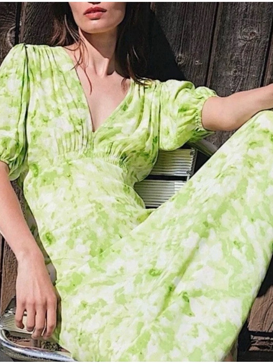 Faithfull The Brand Midi Vittoria Dress Sz 4 Green Tie Dye Flowy Wedding Party